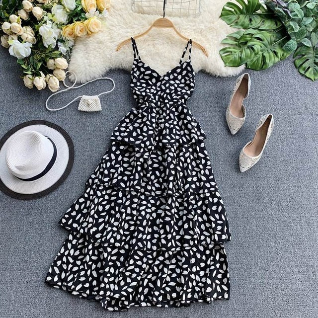 Young Gee Women Summer Dress Sexy V Neck Spaghetti Strap 4 Layers Ruffles Midi Dresses Ladies Casual Beach Cake Dress Vestidos