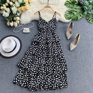 Young Gee Women Summer Dress Sexy V Neck Spaghetti Strap 4 Layers Ruffles Midi Dresses Ladies Casual Beach Cake Dress Vestidos