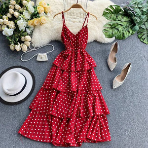 Young Gee Women Summer Dress Sexy V Neck Spaghetti Strap 4 Layers Ruffles Midi Dresses Ladies Casual Beach Cake Dress Vestidos