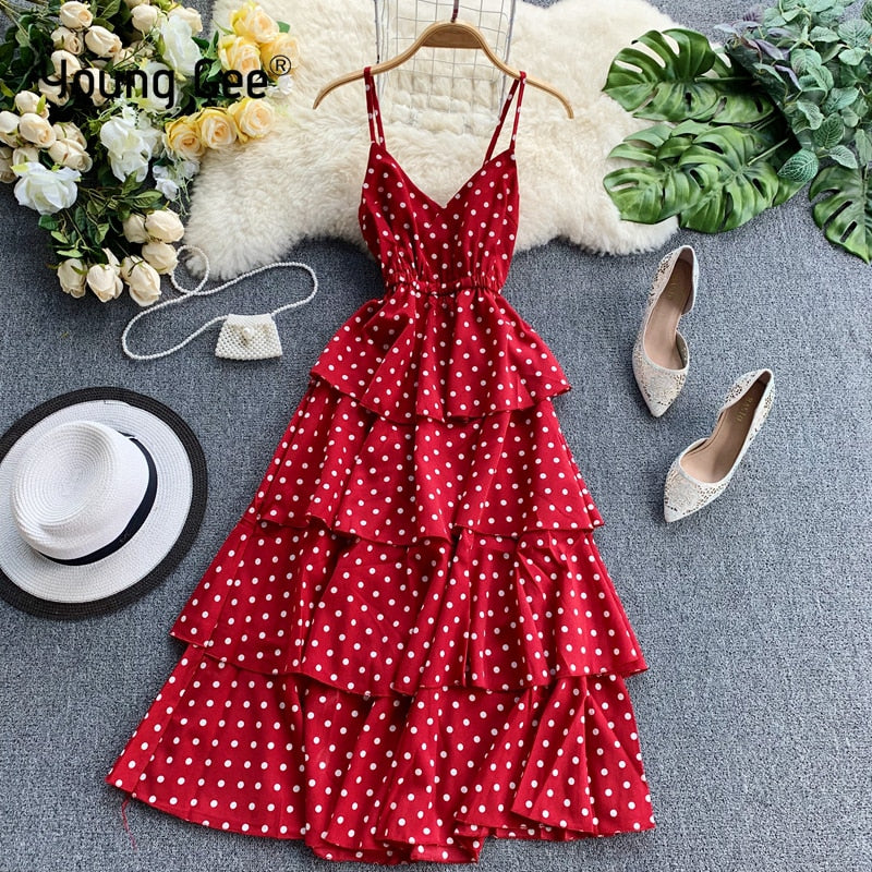 Young Gee Women Summer Dress Sexy V Neck Spaghetti Strap 4 Layers Ruffles Midi Dresses Ladies Casual Beach Cake Dress Vestidos