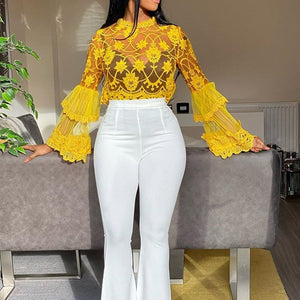 Sexy mesh yellow blouse See-Through flare sleeve african party club top shirts 2020 summer slim women pullover blouse shirts top