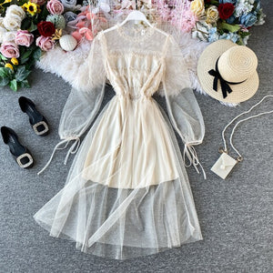 Young Gee Fashion Women Dess Elegant Mesh Sheer Long Sleeve Slim Stretch Waist Ladies Dresses Party Dames Vestidos Streetwear