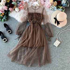 Young Gee Fashion Women Dess Elegant Mesh Sheer Long Sleeve Slim Stretch Waist Ladies Dresses Party Dames Vestidos Streetwear