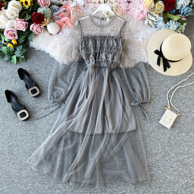 Young Gee Fashion Women Dess Elegant Mesh Sheer Long Sleeve Slim Stretch Waist Ladies Dresses Party Dames Vestidos Streetwear