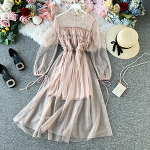 Young Gee Fashion Women Dess Elegant Mesh Sheer Long Sleeve Slim Stretch Waist Ladies Dresses Party Dames Vestidos Streetwear