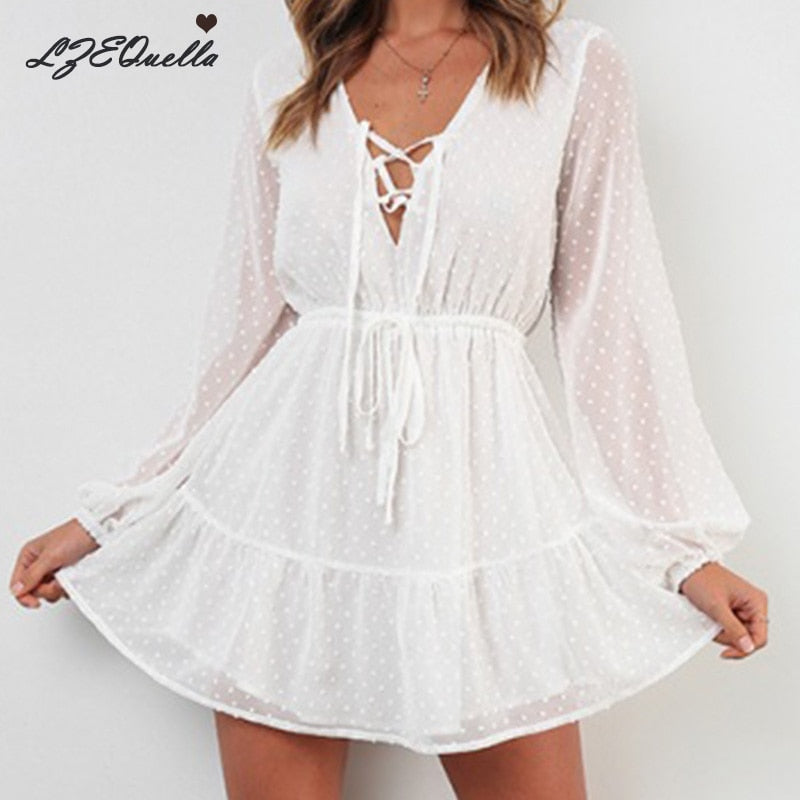 LZEQuella Long Sleeve Chiffon Mini Dress Party Ruffles Lace up Dresses Sexy V neck Summer White Dresses Vestidos NZ1445