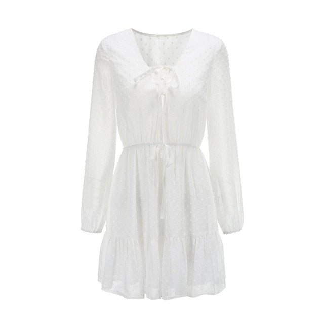 LZEQuella Long Sleeve Chiffon Mini Dress Party Ruffles Lace up Dresses Sexy V neck Summer White Dresses Vestidos NZ1445
