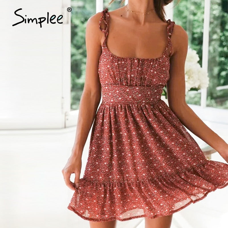 Simplee Sexy spaghetti strap women dress Bohemian floral print elastic wasit short sundress Summer holiday ladies mini dress