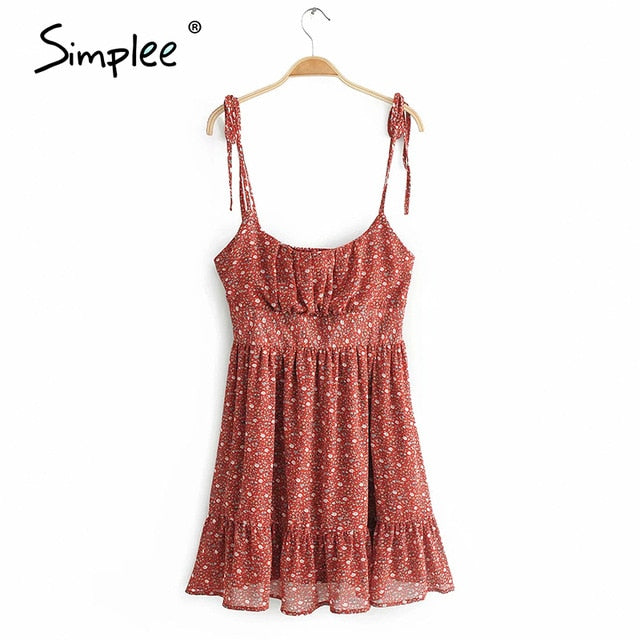 Simplee Sexy spaghetti strap women dress Bohemian floral print elastic wasit short sundress Summer holiday ladies mini dress