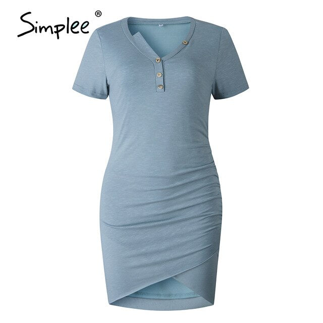 Simplee Casual Solid Short Sleeve Women Dress sexy Slim Bodycon Dress Tunic Crew Neck Button Folds Pencil Dress Vestidos 2020