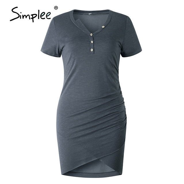 Simplee Casual Solid Short Sleeve Women Dress sexy Slim Bodycon Dress Tunic Crew Neck Button Folds Pencil Dress Vestidos 2020