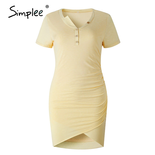 Simplee Casual Solid Short Sleeve Women Dress sexy Slim Bodycon Dress Tunic Crew Neck Button Folds Pencil Dress Vestidos 2020