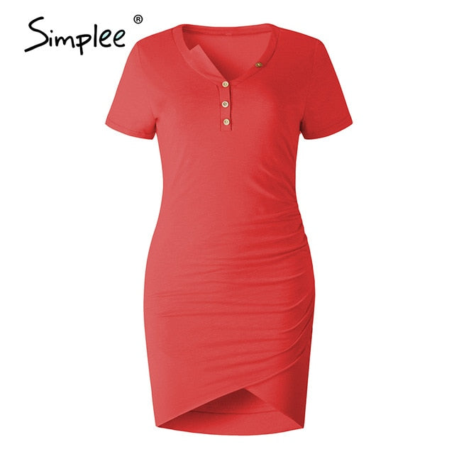 Simplee Casual Solid Short Sleeve Women Dress sexy Slim Bodycon Dress Tunic Crew Neck Button Folds Pencil Dress Vestidos 2020