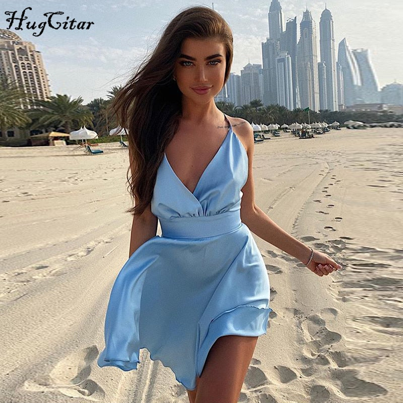 Hugcitar 2020 sleeveless V-neck sexy mini slip dress backless bow pink solid summer women streetwear party outfits