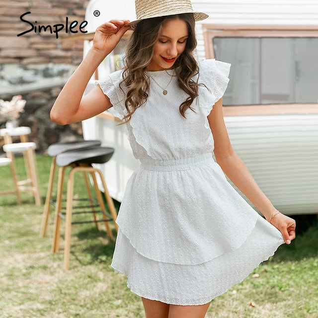 Simplee Elegant crew neck ruffle boho dress women High waist sleeveless sexy lace dress female  Casual white  ladies mini dress