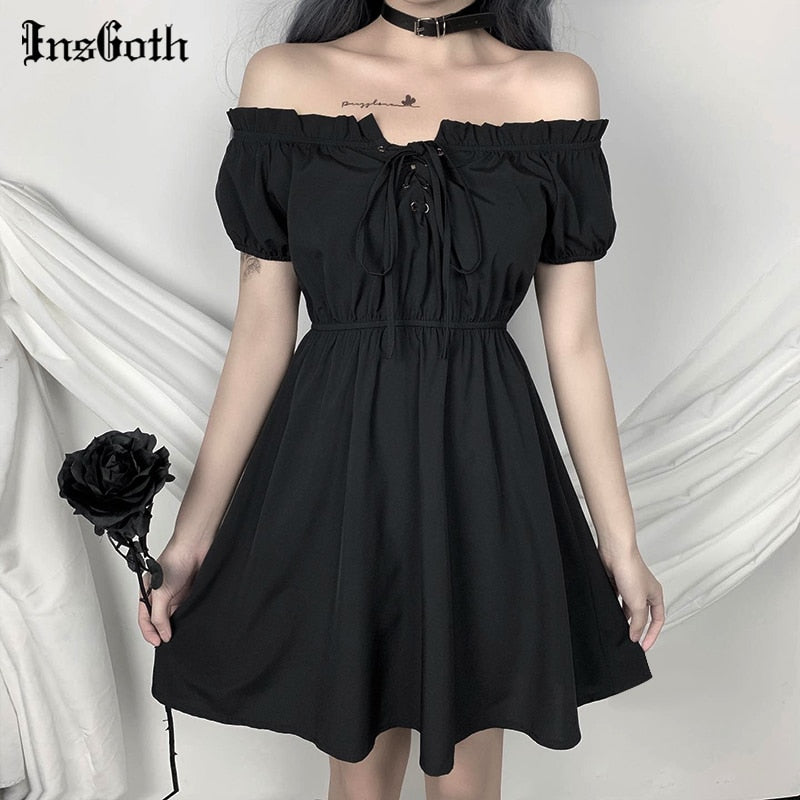 InsGoth Sexy Off Shoulder Black Dresses Gothic Harajuku High Waist Dress Summer Mini A-line Solid Black Casual Dresses