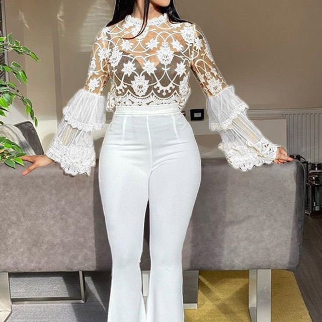Sexy mesh yellow blouse See-Through flare sleeve african party club top shirts 2020 summer slim women pullover blouse shirts top