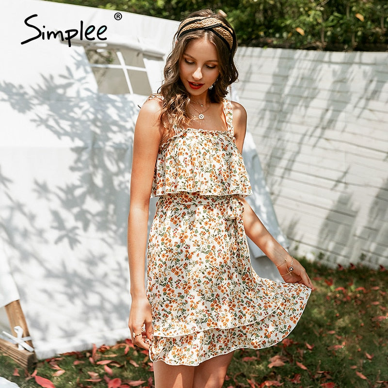 Simplee Sexy lotus leaf  boho women dress Sleeveless square collar printing female short dress Holiday style A-line mini dress