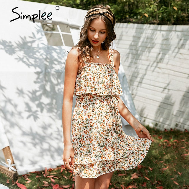 Simplee Sexy lotus leaf  boho women dress Sleeveless square collar printing female short dress Holiday style A-line mini dress