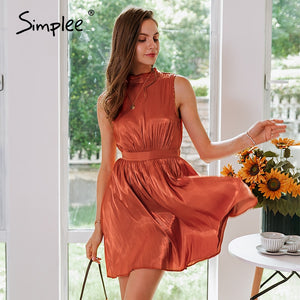 Simplee Elegant solid Brick red sleeveless women dress Summer feminina  ladies dresses Casual female work wear office lady dress