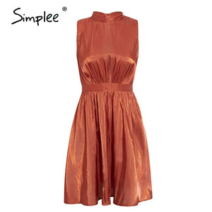Simplee Elegant solid Brick red sleeveless women dress Summer feminina  ladies dresses Casual female work wear office lady dress