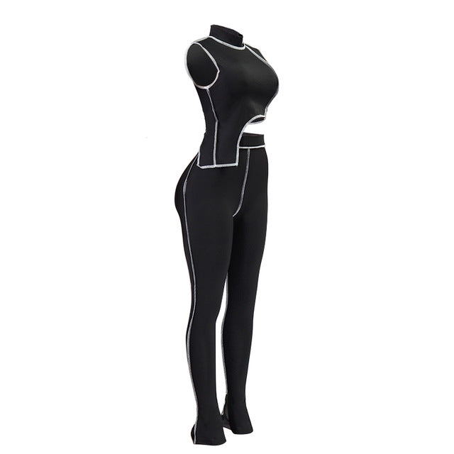 Simenual Casual Sporty Active Wear Matching Set Women Sleeveless Workout Bodycon 2 Piece Outfits Skinny Crop Top and Pants Sets