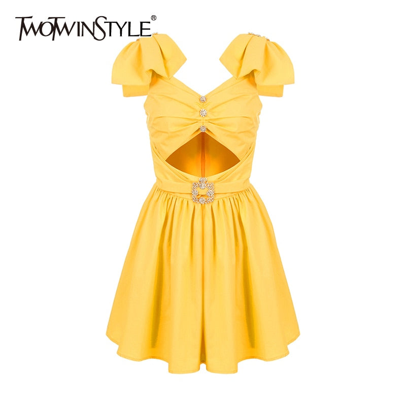 TWOTWINSTYLE Sexy Summer Dress Women V Neck Butterfly Short Sleeve High Waist Hollow Out Diamonds Dresses Female Fashion Clothes