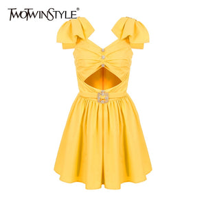 TWOTWINSTYLE Sexy Summer Dress Women V Neck Butterfly Short Sleeve High Waist Hollow Out Diamonds Dresses Female Fashion Clothes