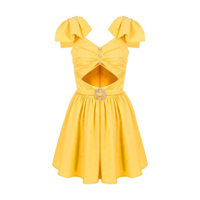 TWOTWINSTYLE Sexy Summer Dress Women V Neck Butterfly Short Sleeve High Waist Hollow Out Diamonds Dresses Female Fashion Clothes