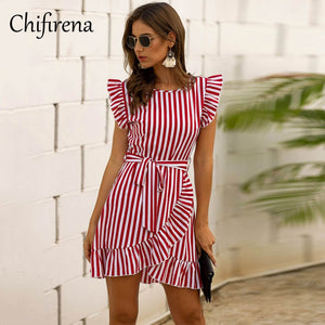 Chifirena Short-Sleeve Sexy Summer Women Dress Belt Ruffles Hem Vestido O Neck Beach Boho Striped Elegant Party Mini Red Dress
