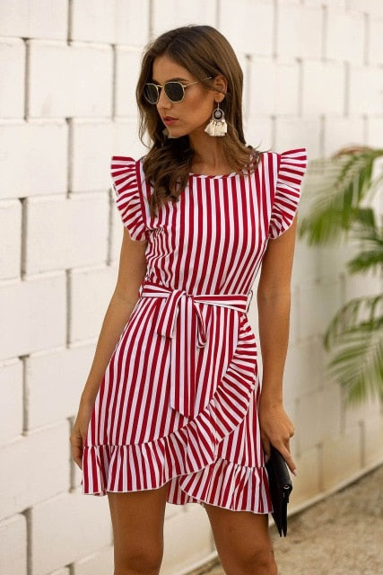 Chifirena Short-Sleeve Sexy Summer Women Dress Belt Ruffles Hem Vestido O Neck Beach Boho Striped Elegant Party Mini Red Dress
