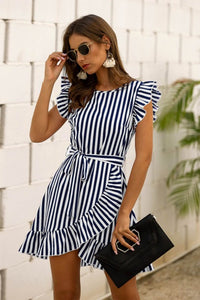 Chifirena Short-Sleeve Sexy Summer Women Dress Belt Ruffles Hem Vestido O Neck Beach Boho Striped Elegant Party Mini Red Dress