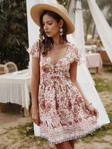 Chifirena Short-Sleeve Sexy Summer Women Dress Belt Ruffles Hem Vestido O Neck Beach Boho Striped Elegant Party Mini Red Dress