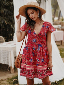 Chifirena Short-Sleeve Sexy Summer Women Dress Belt Ruffles Hem Vestido O Neck Beach Boho Striped Elegant Party Mini Red Dress