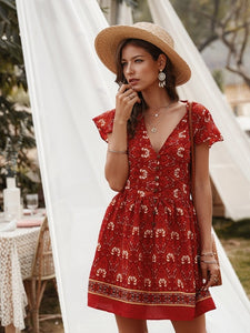 Chifirena Short-Sleeve Sexy Summer Women Dress Belt Ruffles Hem Vestido O Neck Beach Boho Striped Elegant Party Mini Red Dress