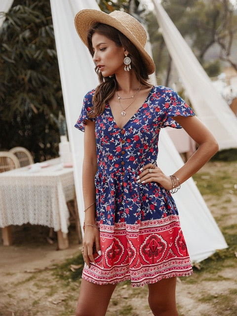 Chifirena Short-Sleeve Sexy Summer Women Dress Belt Ruffles Hem Vestido O Neck Beach Boho Striped Elegant Party Mini Red Dress