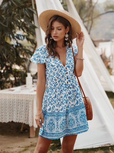 Chifirena Short-Sleeve Sexy Summer Women Dress Belt Ruffles Hem Vestido O Neck Beach Boho Striped Elegant Party Mini Red Dress