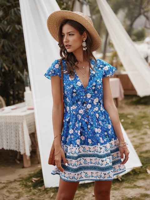 Chifirena Short-Sleeve Sexy Summer Women Dress Belt Ruffles Hem Vestido O Neck Beach Boho Striped Elegant Party Mini Red Dress
