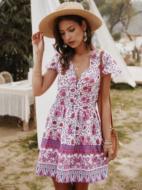 Chifirena Short-Sleeve Sexy Summer Women Dress Belt Ruffles Hem Vestido O Neck Beach Boho Striped Elegant Party Mini Red Dress