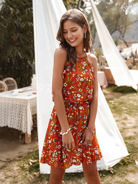 Chifirena Short-Sleeve Sexy Summer Women Dress Belt Ruffles Hem Vestido O Neck Beach Boho Striped Elegant Party Mini Red Dress