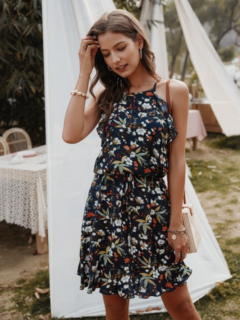 Chifirena Short-Sleeve Sexy Summer Women Dress Belt Ruffles Hem Vestido O Neck Beach Boho Striped Elegant Party Mini Red Dress