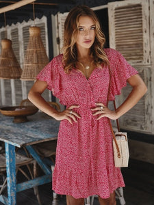 Chifirena Short-Sleeve Sexy Summer Women Dress Belt Ruffles Hem Vestido O Neck Beach Boho Striped Elegant Party Mini Red Dress