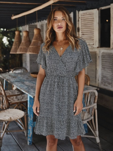 Chifirena Short-Sleeve Sexy Summer Women Dress Belt Ruffles Hem Vestido O Neck Beach Boho Striped Elegant Party Mini Red Dress