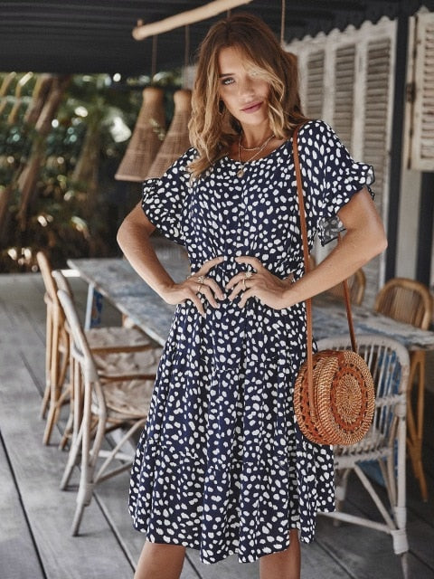 Chifirena Short-Sleeve Sexy Summer Women Dress Belt Ruffles Hem Vestido O Neck Beach Boho Striped Elegant Party Mini Red Dress