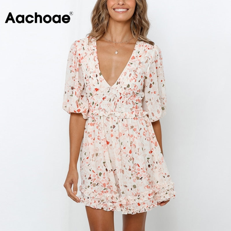 Aachoae Summer Print Mini Dress Women Sexy Deep V Neck Pleated Dresses Lantern Sleeve Beach Chiffon Dress Sundress Robe Femme
