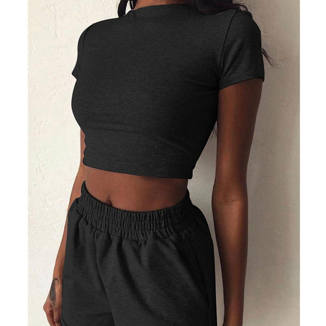 Women's 2-Piece Outfit Set Cozy Sport Fitness Set Solid Color Round Neck Crop Short Sleeve Top Short High Waist Pants Set