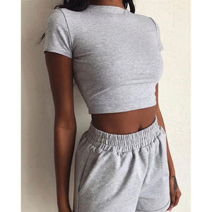 Women's 2-Piece Outfit Set Cozy Sport Fitness Set Solid Color Round Neck Crop Short Sleeve Top Short High Waist Pants Set