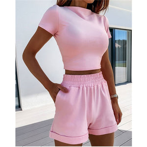 Women's 2-Piece Outfit Set Cozy Sport Fitness Set Solid Color Round Neck Crop Short Sleeve Top Short High Waist Pants Set