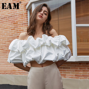 [EAM] Women White Ruffles Split Joint Blouse New Slash Neck Short Sleeve Loose Fit Shirt Fashion Tide Spring Summer 2020 1U703
