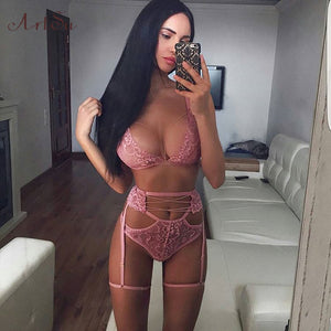 ArtSu Cute Pink Lace Lingerie Set 3 Pieces Sexy Bra And Panty Set Sleeveless Backless Briefs Set Intimates Underwear ASSU604322